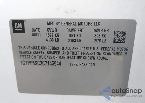 2012 Chevrolet Cruze 1Lt из США, поврежденный, VIN 1G1PF5SC3C7145944